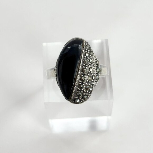 Sterling Silver Black Onyx & Marcasite Yin Yang Vintage Art Deco Ring - sz 7.75 - Picture 2 of 9